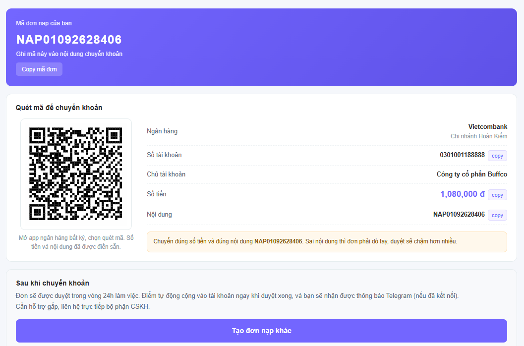Trang chuyển khoản với mã QR
