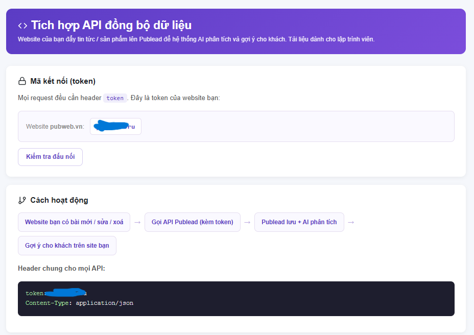 Trang Hướng dẫn API với ô mã kết nối và ô script tracking