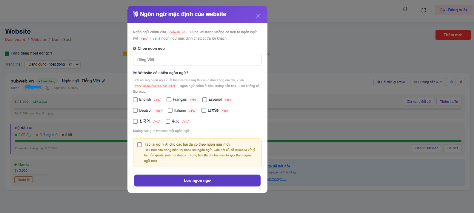 Hộp thoại cấu hình ngôn ngữ website