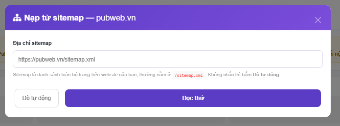 Hộp thoại nạp bài từ sitemap