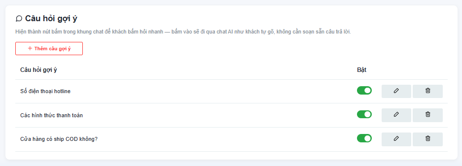 Danh sách câu hỏi gợi ý hiện thành nút trong khung chat