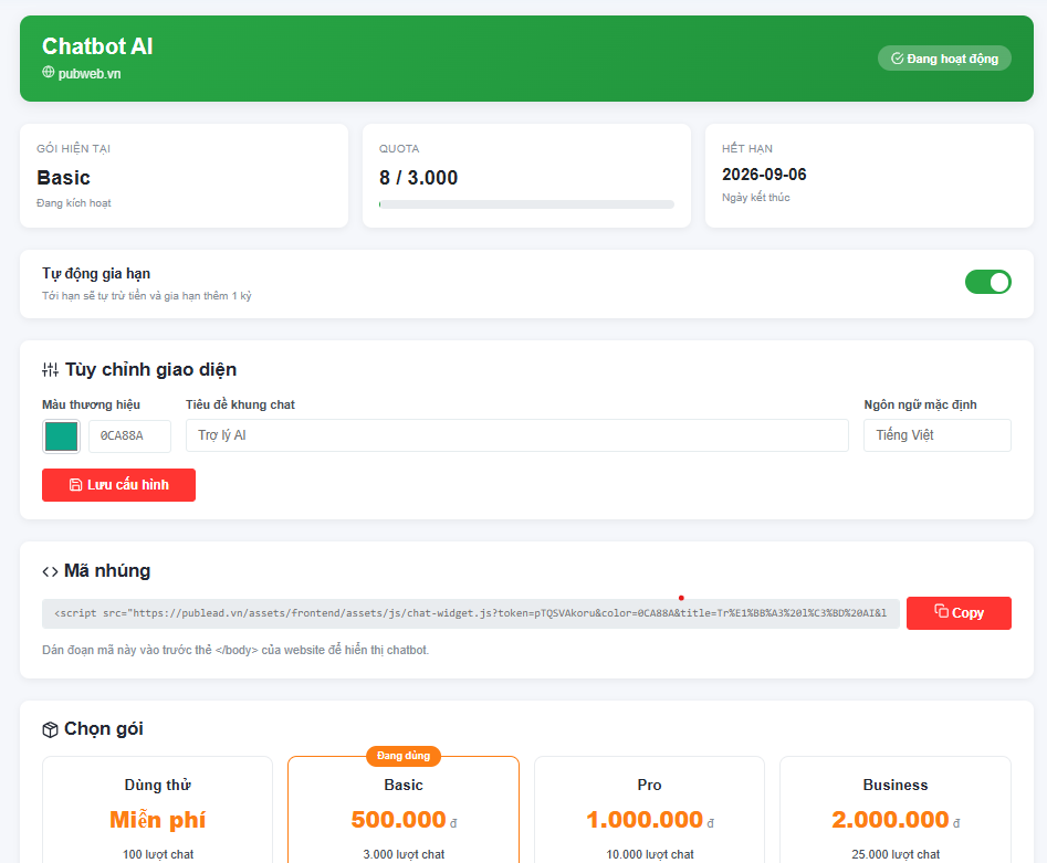 Bảng quản lý chatbot với gói, hạn mức và tùy chỉnh giao diện