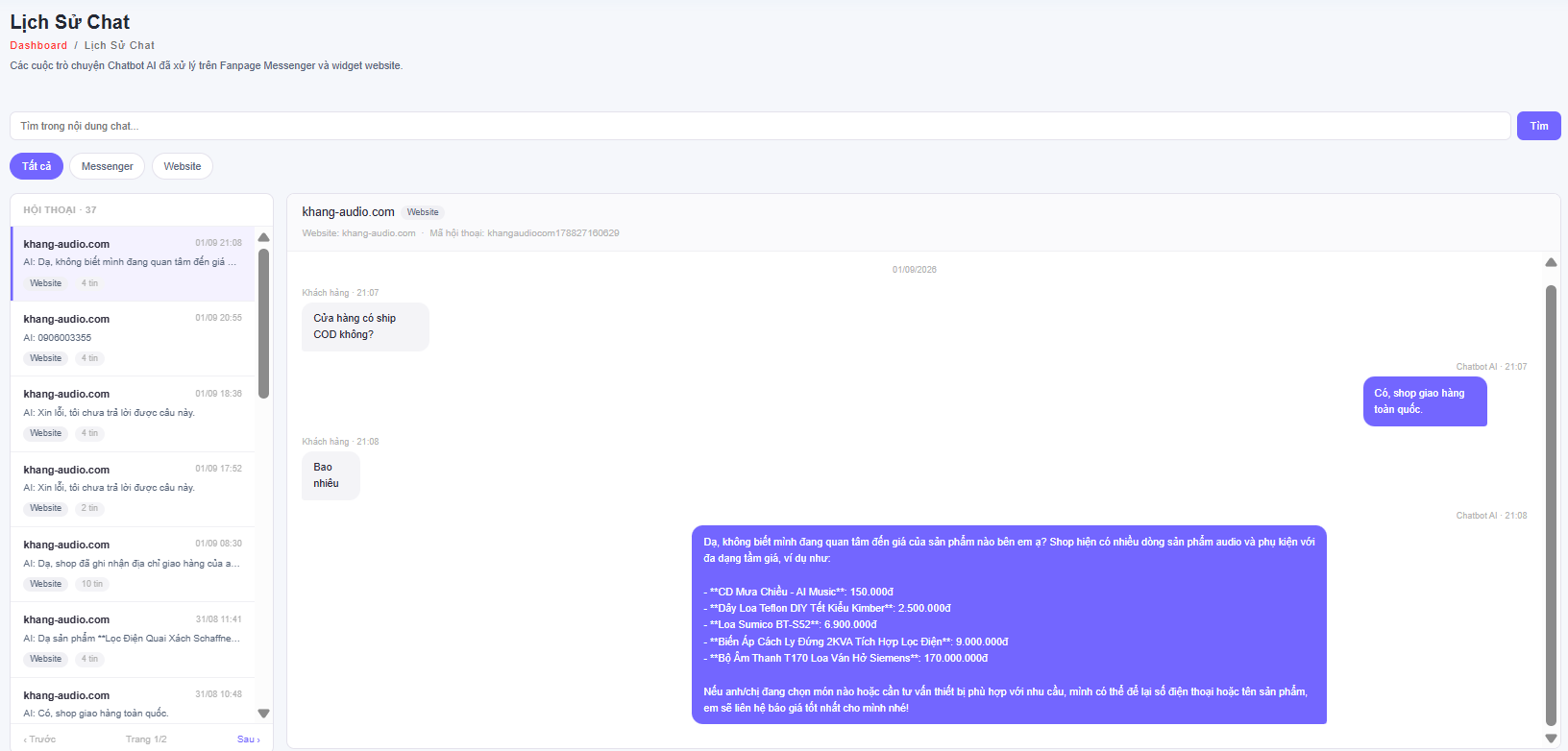 Danh sách hội thoại chatbot, lọc theo Messenger hoặc website