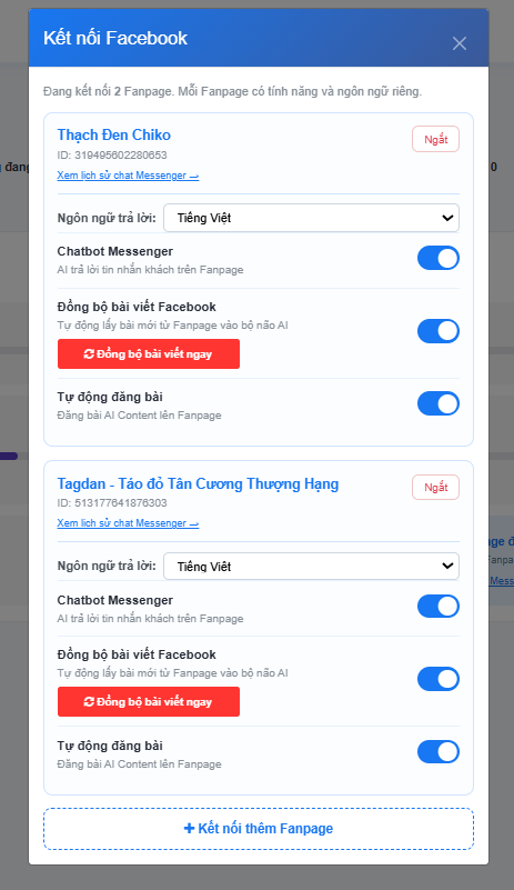 Fanpage đã kết nối với ba tính năng bật tắt riêng