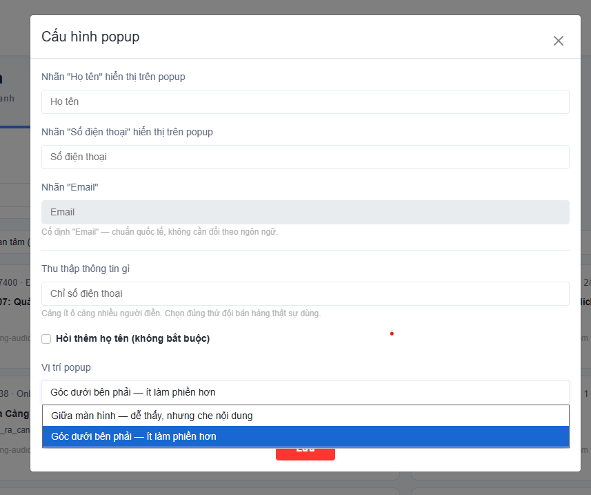 Hộp thoại cấu hình popup