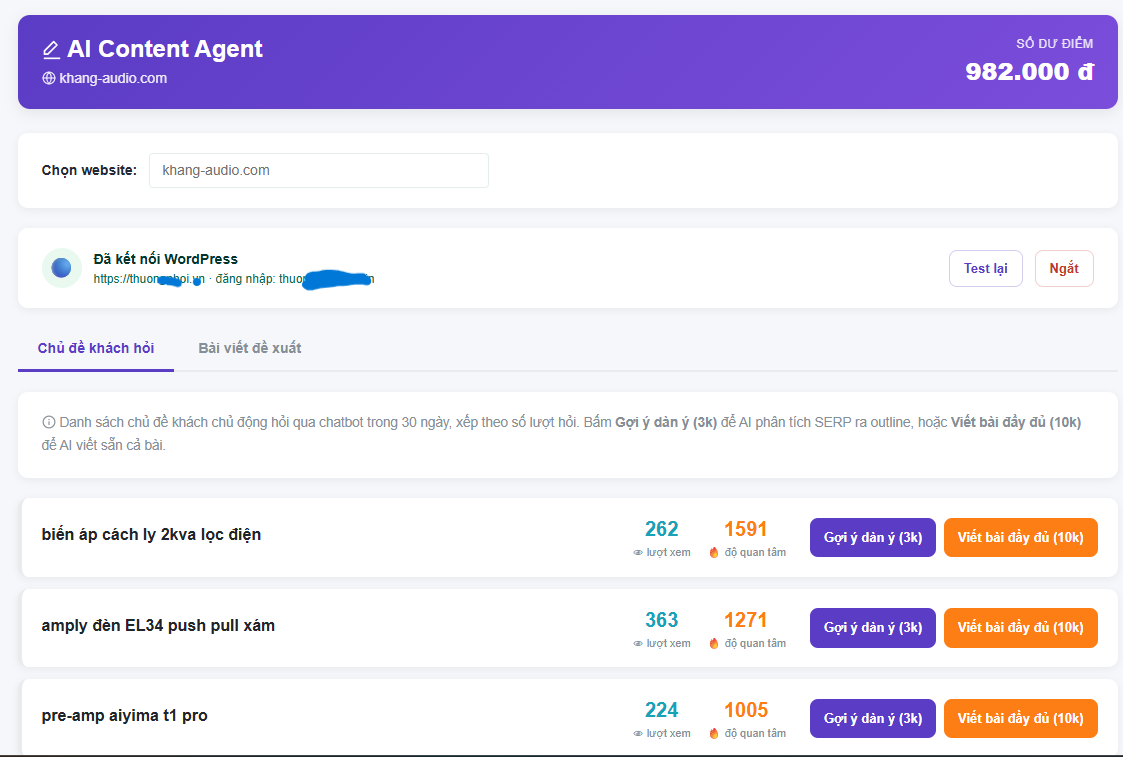 Danh sách chủ đề khách hỏi chatbot nhiều nhất trong 30 ngày