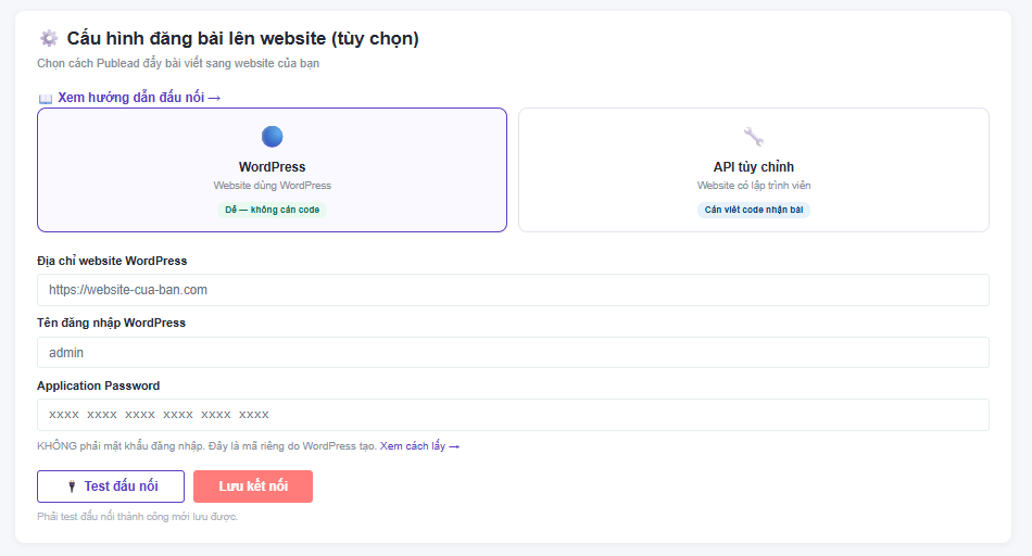 Cấu hình đấu nối WordPress hoặc API tùy chỉnh