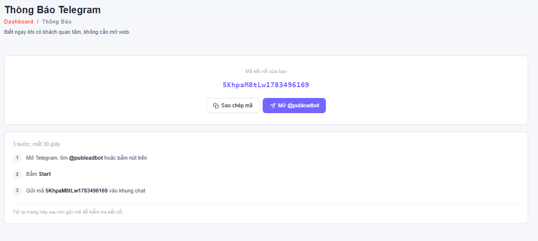 Màn hướng dẫn nối Telegram với mã kết nối