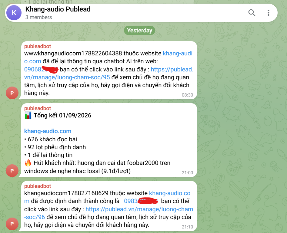 Tin Telegram báo khách để lại số, kèm chủ đề khách quan tâm