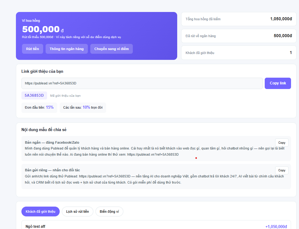 Màn affiliate với ví hoa hồng, link giới thiệu và nội dung mẫu